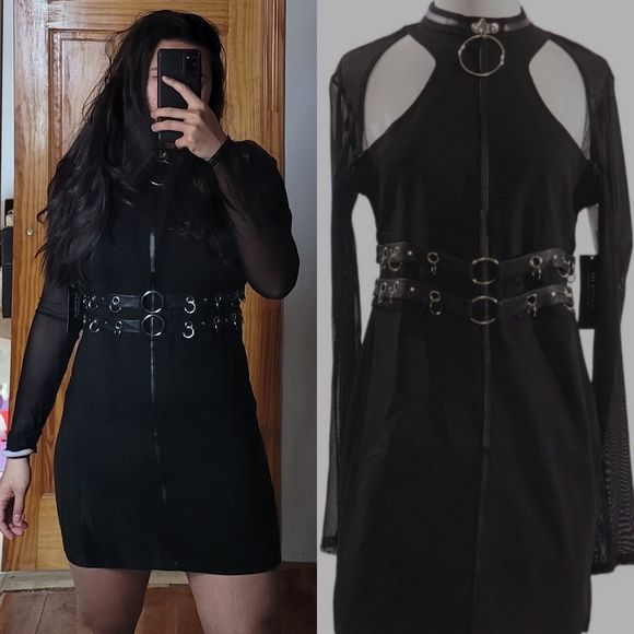 Restyle goth gothic emo chain choker full zip up mesh long sleeve dress - Picture 1 of 4